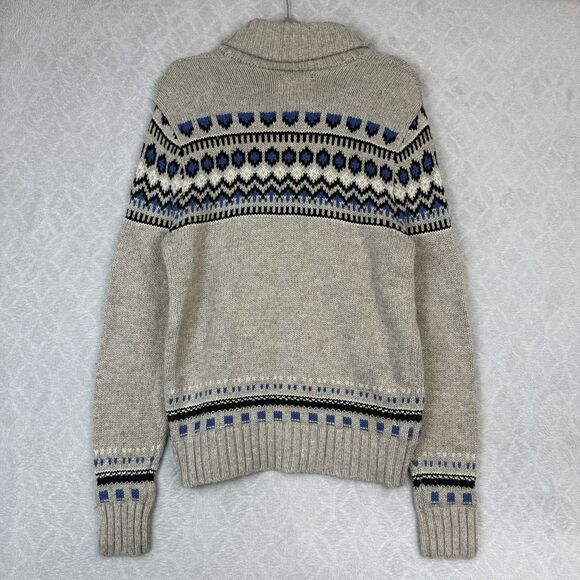 American Eagle Fair Isle Sweater Mens Medium Gray Blue Nordic Shawl Collar Knit - Picture 5 of 11
